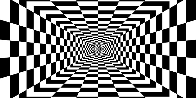 An abstract black-and-white checkered background creates a visual distortion effect.