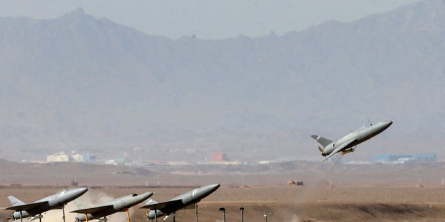 A drone is launched during a military exercise in an undisclosed location in Iran, in this handout image obtained on Aug. 25, 2022. 