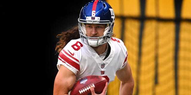 Jamie Gillan of the New York Giants in action during a game against the Green Bay Packers at Tottenham Hotspur Stadium Oct. 9, 2022, in London.