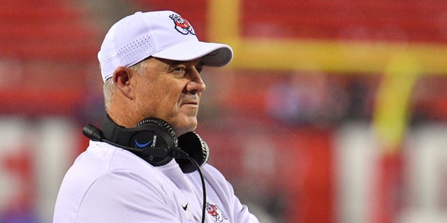 Fresno State head coach Jeff Tedford looks on during the game against UNLV at Sam Boyd Stadium on Nov. 3, 2018, in Las Vegas.