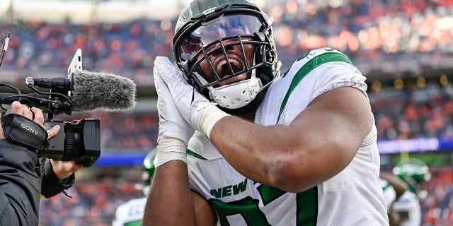 Nathan Shepherd #97 of the New York Jets reacts after a play against the Denver Broncos during the second half at Empower Field At Mile High on October 23, 2022, in Denver, Colorado.