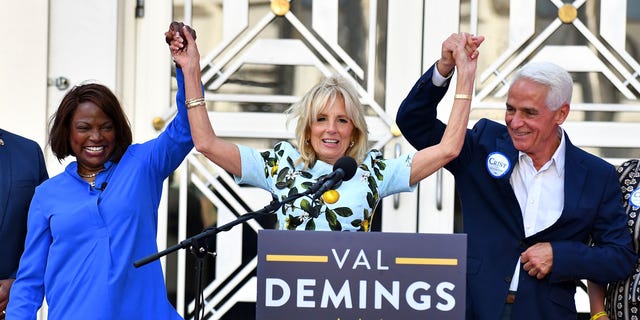 U.S. first lady Jill Biden attends a rally for Democratic Senate candidate Rep. Val Demings (D-FL) and Florida Gubernatorial candidate Rep. Charlie Crist (D-FL) on October 15, 2022 in Orlando, Florida. The first lady is traversing the country in the final weeks before the midterm elections visiting Tennessee, Wisconsin, Georgia and Florida. (Gerardo Mora/Getty Images)