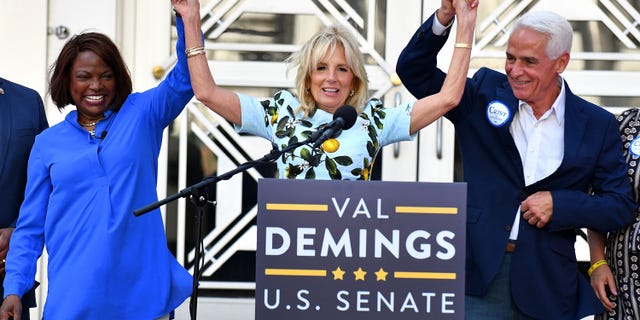 U.S. first lady Jill Biden attends a rally for Democratic Senate candidate Rep. Val Demings (D-FL) and Florida Gubernatorial candidate Rep. Charlie Crist (D-FL) on October 15, 2022 in Orlando, Florida. The first lady is traversing the country in the final weeks before the midterm elections visiting Tennessee, Wisconsin, Georgia and Florida. (Gerardo Mora/Getty Images)