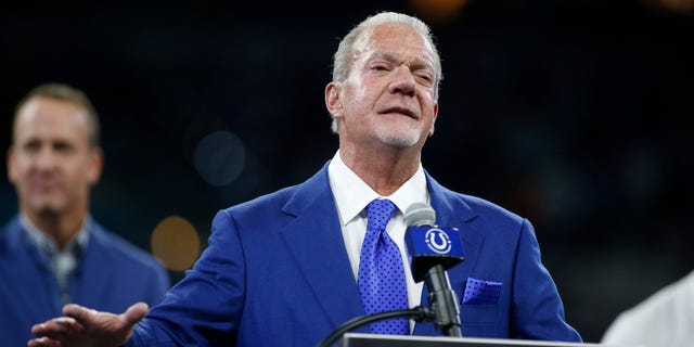 Jim Irsay talks to the fans during Dwight Freeney's induction to the Indianapolis Colts Ring of Honor at Lucas Oil Stadium on Nov. 10, 2019.