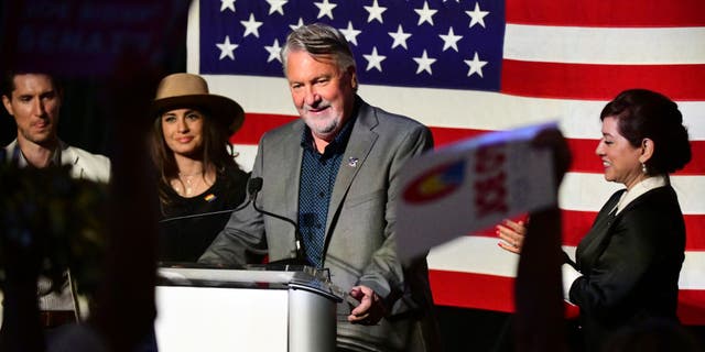 Joe O'Dea, a construction company CEO and first-time candidate for office, second from right, celebrates the Republican nomination for U.S. Senate over state Rep. Ron Hanks with his family at Mile High Station in Denver, Colorado on Tuesday, June 28, 2022.