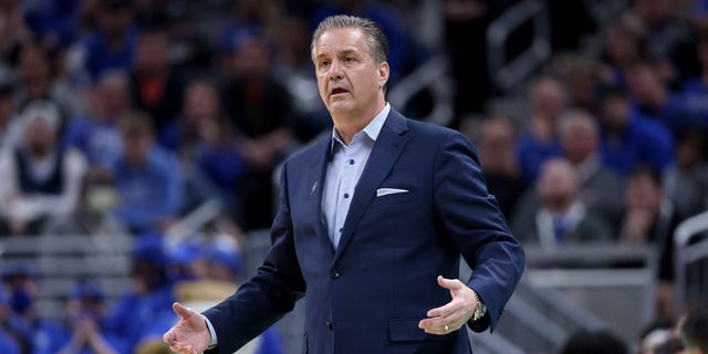 Head coach John Calipari reacts to a call as his Kentucky Wildcats take on Saint Peter's Peacocks during the NCAA Men's Basketball Tournament on March 17, 2022, in Indianapolis, Indiana.