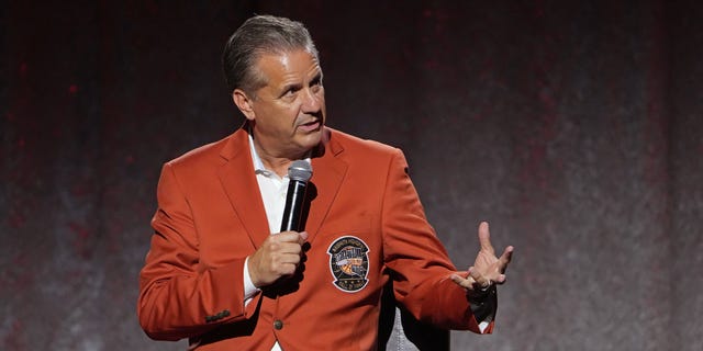 John Calipari speaks on stage as part of the Basketball Hall of Fame Enshrinement Ceremony on Sept. 9, 2022, at Mohegan Sun in Uncasville, Connecticut.