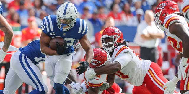 Jonathan Taylor of the Indianapolis Colts runs with the ball against the Kansas City Chiefs at Lucas Oil Stadium on Sept. 25, 2022, in Indianapolis.