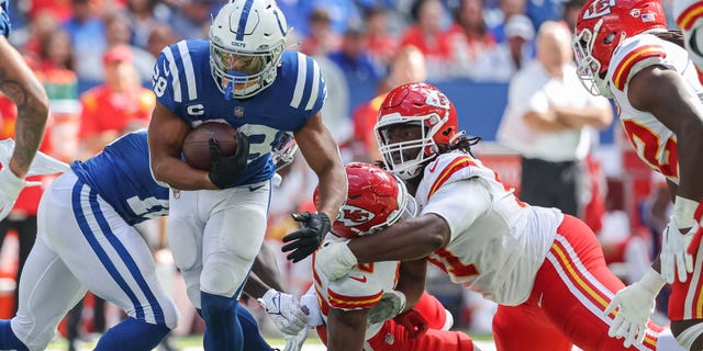 Jonathan Taylor of the Indianapolis Colts runs with the ball against the Kansas City Chiefs at Lucas Oil Stadium on Sept. 25, 2022, in Indianapolis.