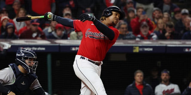 José Ramírez #11 of the Cleveland Guardians singles in the third inning during the game between the New York Yankees and the Cleveland Guardians at Progressive Field on Sunday, Oct. 16, 2022 in Cleveland, Ohio. 