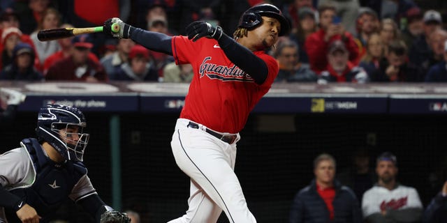 José Ramírez #11 of the Cleveland Guardians singles in the third inning during the game between the New York Yankees and the Cleveland Guardians at Progressive Field on Sunday, Oct. 16, 2022 in Cleveland, Ohio.