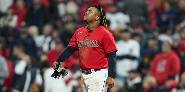 Jose Ramirez #11 of the Cleveland Guardians reacts after getting tagged out during the third inning against the New York Yankees in game four of the American League Division Series at Progressive Field on Oct. 16, 2022 in Cleveland, Ohio.