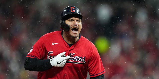 Josh Naylor of the Cleveland Guardians runs the bases after hitting a home run against the New York Yankees during the fourth inning in Game 4 of the American League Division Series at Progressive Field on Oct. 16, 2022, in Cleveland.
