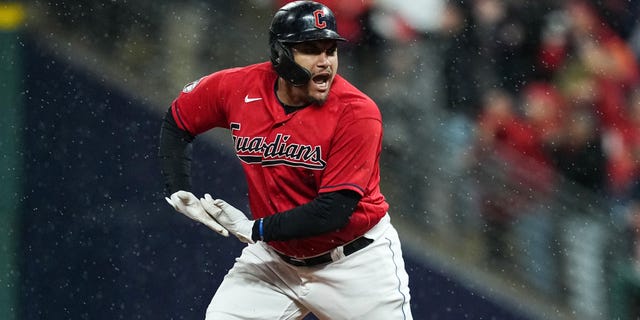 Josh Naylor #22 of the Cleveland Guardians rounds the bases after hitting a home run against the New York Yankees during the fourth inning in game four of the American League Division Series at Progressive Field on October 16, 2022 in Cleveland, Ohio.