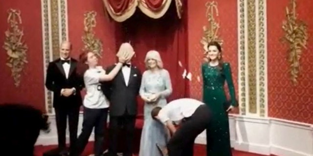Just Stop Oil activists smashed cakes into the face of a King Charles waxwork at Madame Tussauds in London on Monday, Oct. 24.
