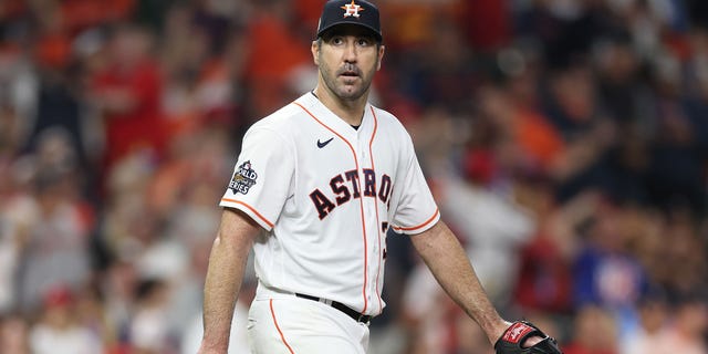Justin Verlander of the Astros reacts after giving up runs against the Philadelphia Phillies during Game 1 of the World Series at Minute Maid Park on Oct. 28, 2022, in Houston, Texas.