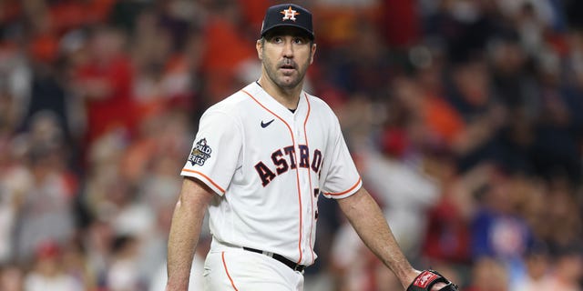 Justin Verlander of the Astros reacts after giving up runs against the Philadelphia Phillies during Game 1 of the World Series at Minute Maid Park on Oct. 28, 2022, in Houston, Texas.