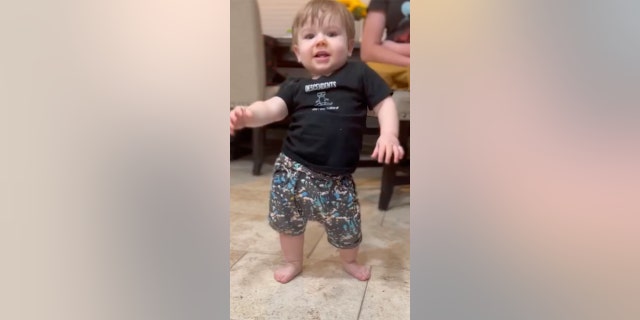 Little Declan of Chino, California, had a blast showing off his dance skills as he took some of his first steps to the huge delight of his family.
