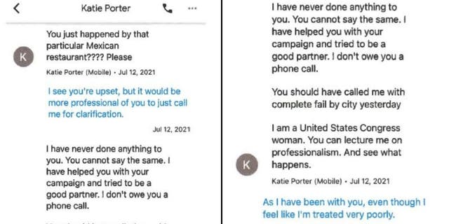 Rep. Katie Porter, D-Calif., lashed out at Irvine Mayor Farrah Khan in one of her texts to her last year saying, "I don't owe you a phone call" and said, "You can lecture me on professionalism. And see what happens."