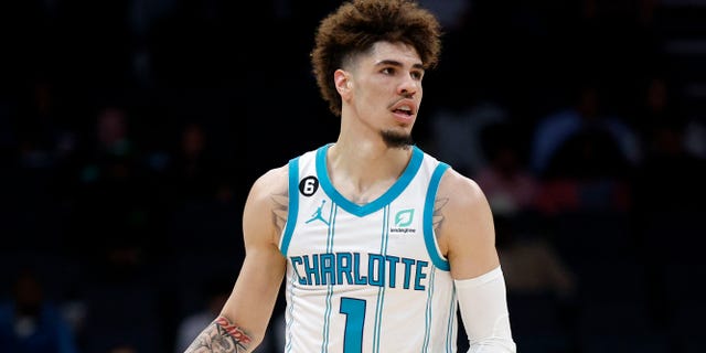 LaMelo Ball #1 of the Charlotte Hornets dribble the ball up court during the first quarter of the game against the Washington Wizards at Spectrum Center on Oct. 10, 2022 in Charlotte, North Carolina. 