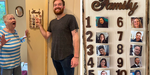 Mary LaMorte, also known as Nanny, reacts as her grandson, Dan, places his photo in the No. 1 spot on her "grandkid ranking" board. All the grandchildren are ranked from one to 10.