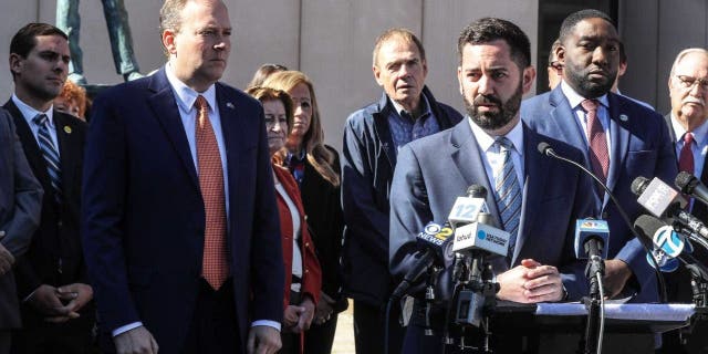 Assemblyman Mike Lawler, Republican candidate for the 17th Congressional District, speaks at a news conference in White Plains, New York, Oct. 12, 2022.