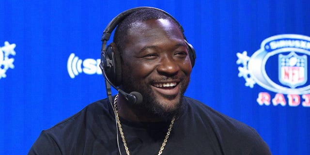 Former NFL player LeGarrette Blount speaks during the SiriusXM At Super Bowl LVI program on Feb. 11, 2022, in Los Angeles.