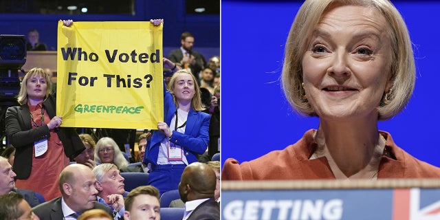 Two Greenpeace activists briefly interrupted British Prime Minister Liz Truss during a speech on Wednesday.