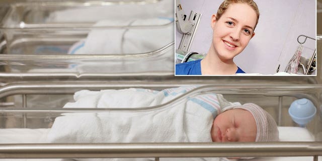 U.K. neonatal nurse Lucy Letby and a stock image of newborn babies