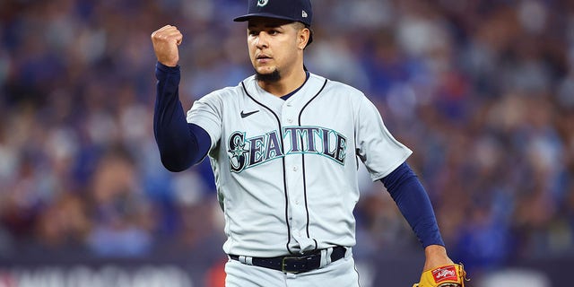 Luis Castillo of the Seattle Mariners reacts at the end of the sixth inning during Game 1 of an AL wild-card series against the Toronto Blue Jays at Rogers Centre Oct. 7, 2022, in Toronto.