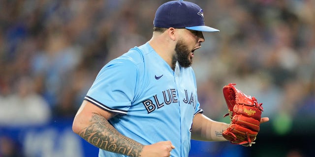 Alek Manoah of the Toronto Blue Jays celebrates at the end of the third inning against the Baltimore Orioles during a game at the Rogers Centre Sept. 18, 2022, in Toronto, Ontario, Canada.