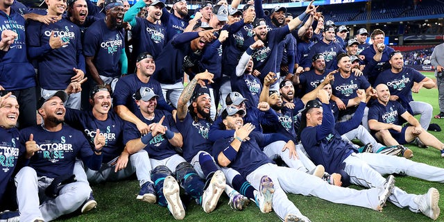 The Seattle Mariners will celebrate after dominating the American League Wild Card Series by defeating the Toronto Blue Jays in Game 2 on October 8, 2022 at the Rogers Center in Toronto.