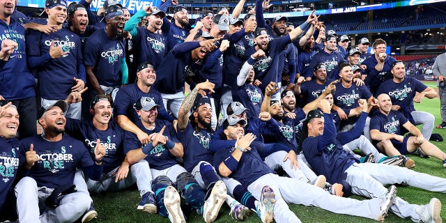 The Seattle Mariners will celebrate after dominating the American League Wild Card Series by defeating the Toronto Blue Jays in Game 2 on October 8, 2022 at the Rogers Center in Toronto.