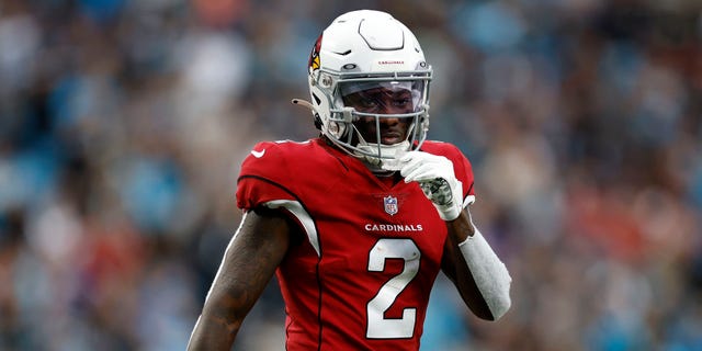 Wide receiver Marquise Brown of the Arizona Cardinals prepares for the snap during the second half of a game against the Carolina Panthers at Bank of America Stadium Oct. 2, 2022, in Charlotte, N.C.