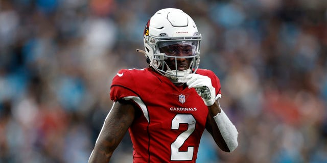 Wide receiver Marquise Brown of the Arizona Cardinals prepares for the snap during the second half of a game against the Carolina Panthers at Bank of America Stadium Oct. 2, 2022, in Charlotte, N.C.