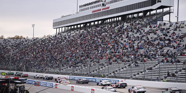 A view of racing during the NASCAR Xfinity Series Dead On Tools 250 at Martinsville Speedway Oct. 29, 2022, in Martinsville, Va. 