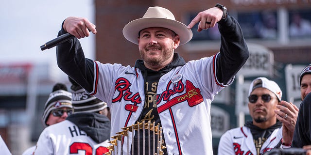 Atlanta Braves relief pitcher Tyler Matzek during the championship celebration for the 2021 world champion Atlanta Braves at Truist Park Nov. 5, 2021, in Atlanta. 