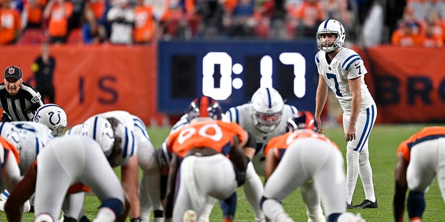 Chase McLaughlin, #7 of the Indianapolis Colts, kicks a field goal during a game against the Denver Broncos at Empower Field At Mile High on Oct. 6, 2022 in Denver.