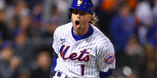 Jeff McNeil of the New York Mets reacts during the second game of the Wild Card Series against the San Diego Padres at Citi Field on October 8, 2022 in New York City.