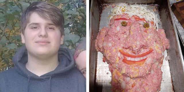Collin Suriano next to this meatloaf Doppelgänger made by his mom,