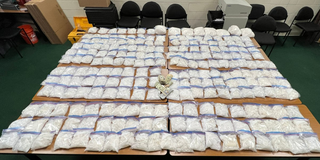 More than 250 pounds of methamphetamine were seized by authorities in California following a traffic stop in San Bernardino.