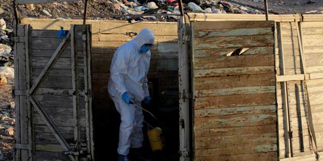 A worker for the Mexican Secretariat of Agriculture, Livestock, Rural Development, Fisheries, & Nutrition sanitizes a truck used to transport chickens amid a bird flu outbreak in Mexico, on Feb. 26, 2013.