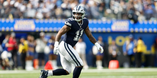 Micah Parsons #11 of the Dallas Cowboys runs as he defends during an NFL football game between the Los Angeles Rams and the Dallas Cowboys at SoFi Stadium on Oct. 9, 2022 in Inglewood, California.