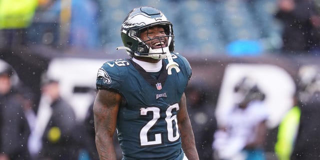 Miles Sanders of the Philadelphia Eagles celebrates during the fourth quarter against the Jacksonville Jaguars at Lincoln Financial Field Oct. 2, 2022, in Philadelphia.