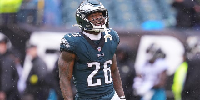 Miles Sanders of the Philadelphia Eagles celebrates during the fourth quarter against the Jacksonville Jaguars at Lincoln Financial Field Oct. 2, 2022, in Philadelphia.