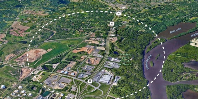 Aerial view of Inver Grove Heights with the crash site roughly outlined (dotted circle).