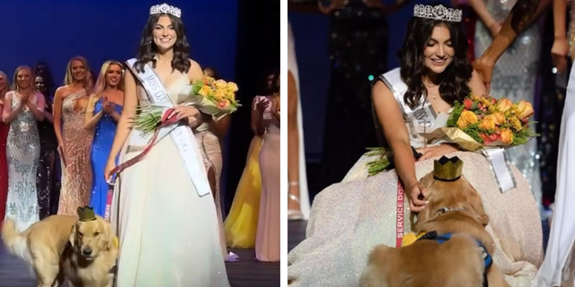 The new Miss Dallas Teen Alison Appleby and her service dog, Brady, are crowned at the Texas pageant on Oct. 9, 2022.