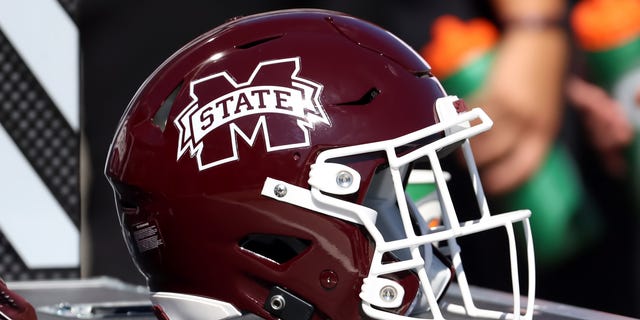Helmets of the Mississippi State Bulldogs during a game against the Arkansas Razorbacks at Wade Davis Stadium in Starkville, Mississippi on October 8, 2022.