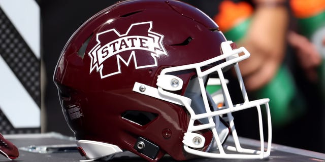 A general view of a Mississippi State Bulldogs helmet during the game between the Mississippi State Bulldogs and the Arkansas Razorbacks on October 8, 2022 at Wade Davis Stadium in Starkville, Mississippi.