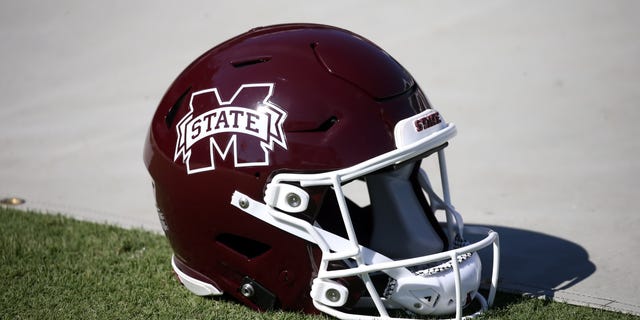 A Mississippi State Bulldogs helmet is shown during a game against the Arkansas Razorbacks at Wade Davis Stadium in Starkville, Mississippi, on Oct. 8, 2022.